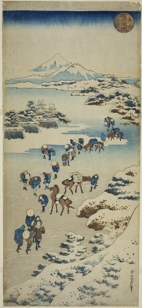 Oversteek van het bevroren Suwa-meer in de provincie Shinano door Katsushika Hokusai