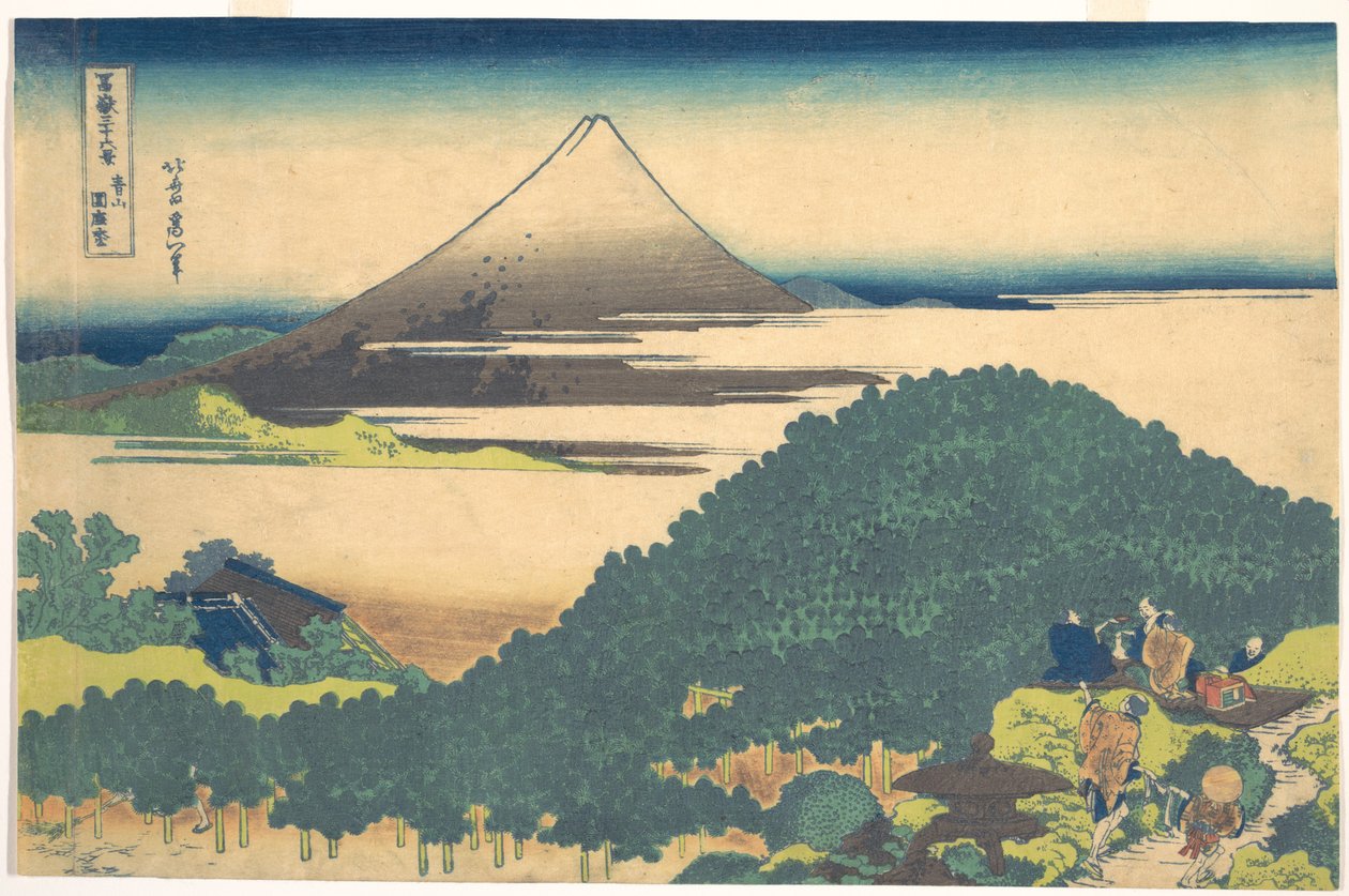 Kussenpijnboom bij Aoyama (Aoyama enza no matsu), uit de serie Zesendertig gezichten op de berg Fuji (Fugaku sanjūrokkei) door Katsushika Hokusai