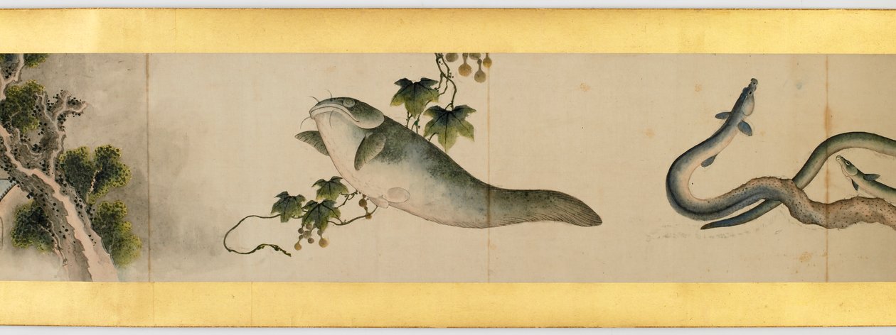 Handrol met diverse afbeeldingen, Edo-periode, 1839 inkt en kleur op papier (detail) door Katsushika Hokusai