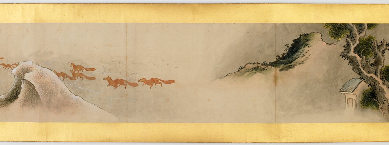Handrol met diverse afbeeldingen, Edo-periode, 1839 inkt en kleur op papier (detail) door Katsushika Hokusai