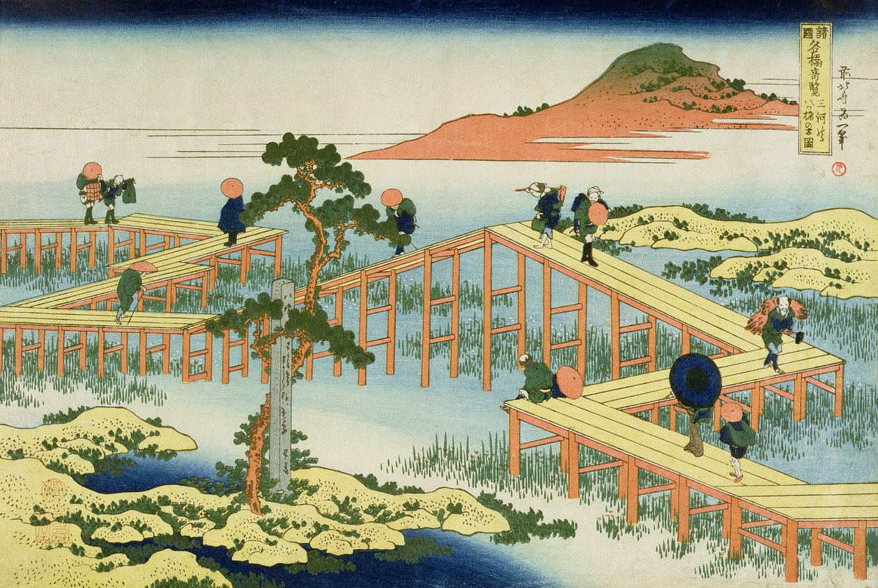 Acht-delige brug, provincie Mucawa, Japan, ca. 1830 door Katsushika Hokusai