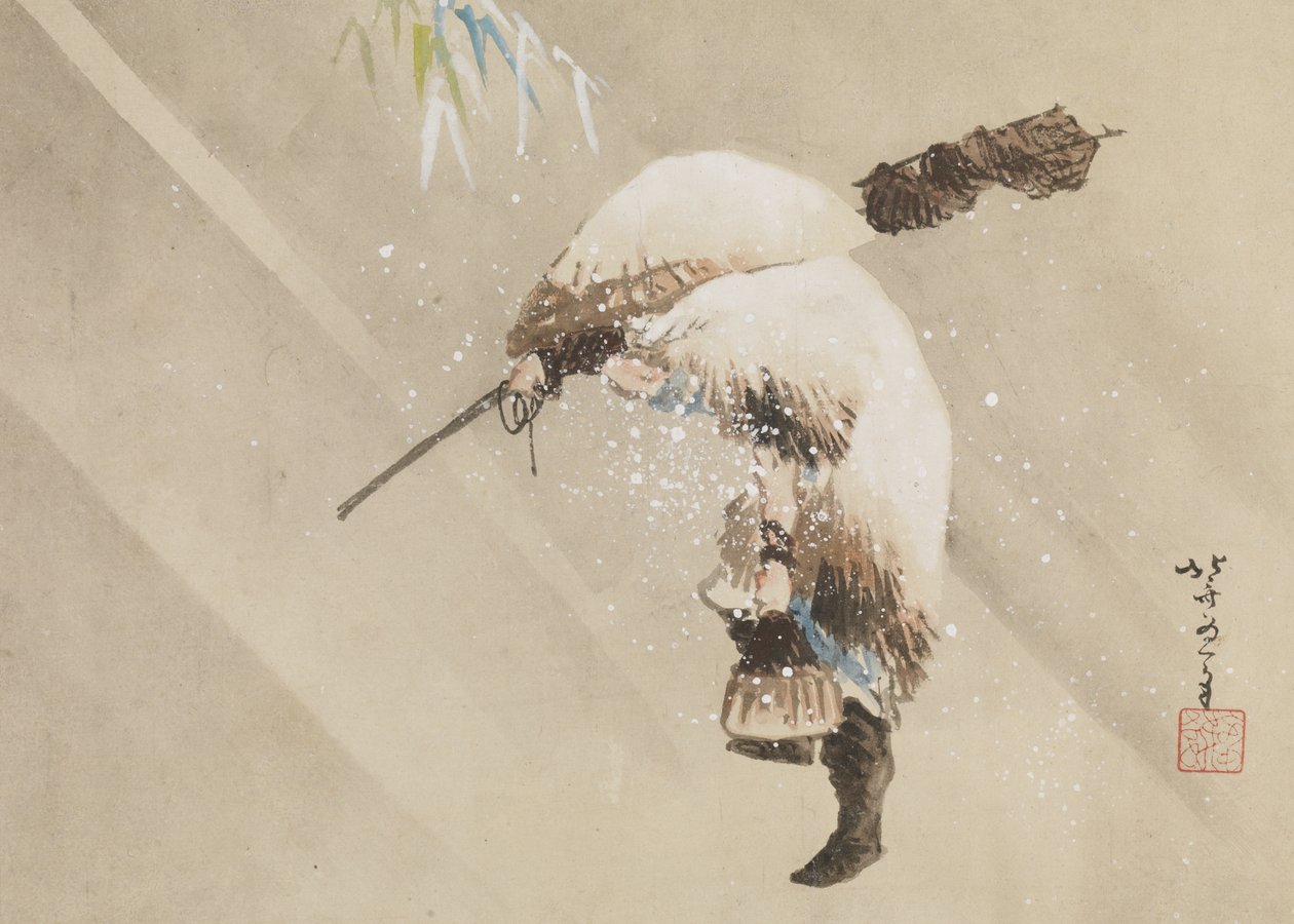 Visser die zijn net draagt in de sneeuw, ca. 1821 door Katsushika Hokusai