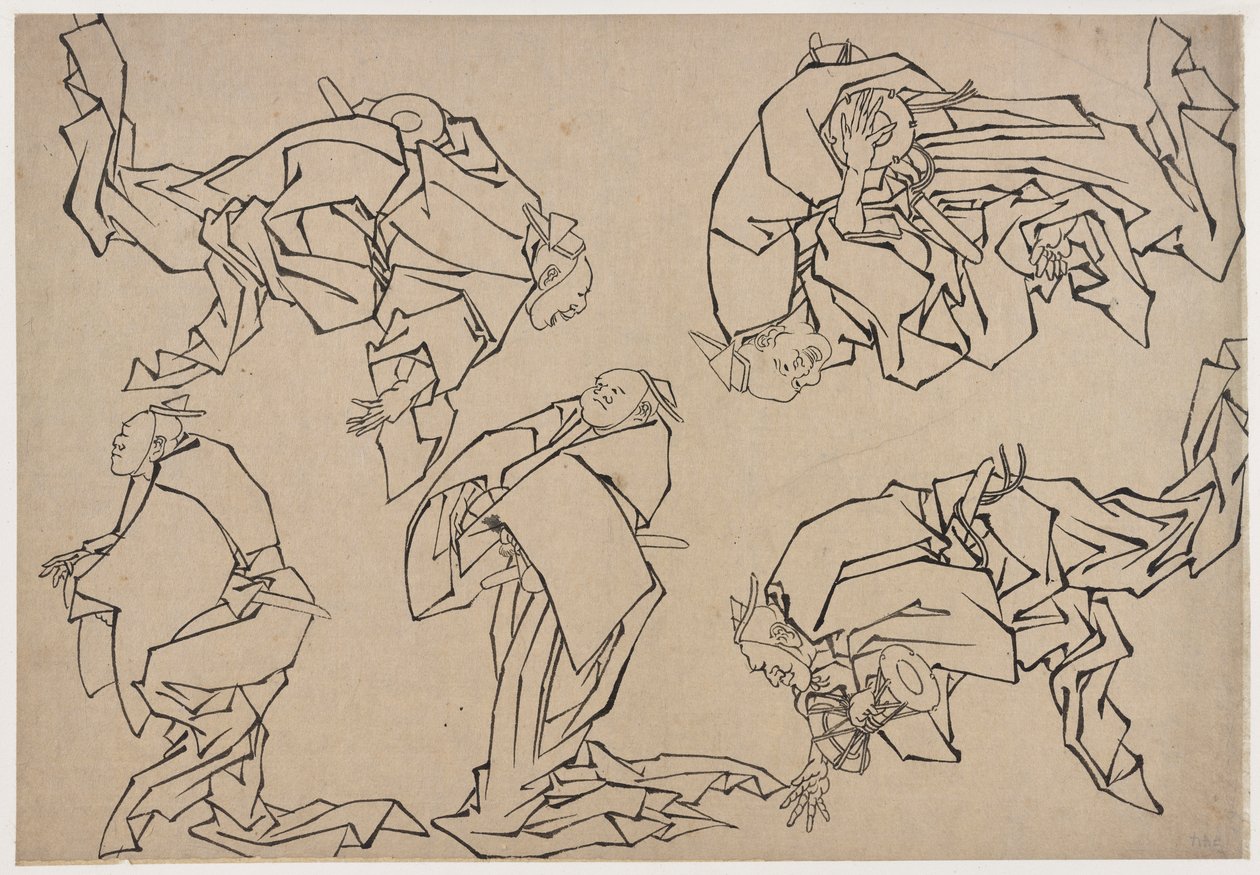 Vijf muzikanten die drums spelen door Katsushika Hokusai