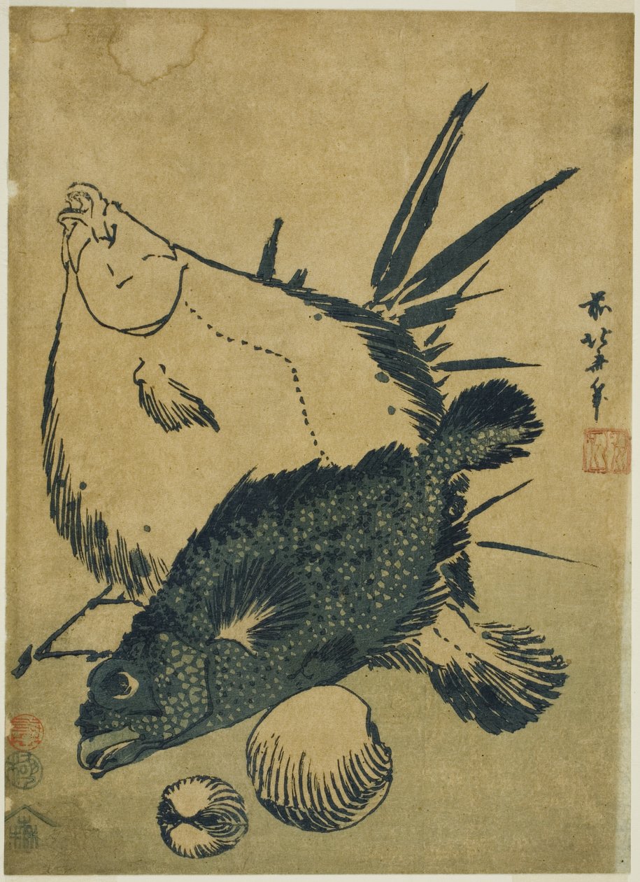 Platvis, schorpioenvis en schelpen, uit een ongetitelde serie chuban-prenten door Katsushika Hokusai