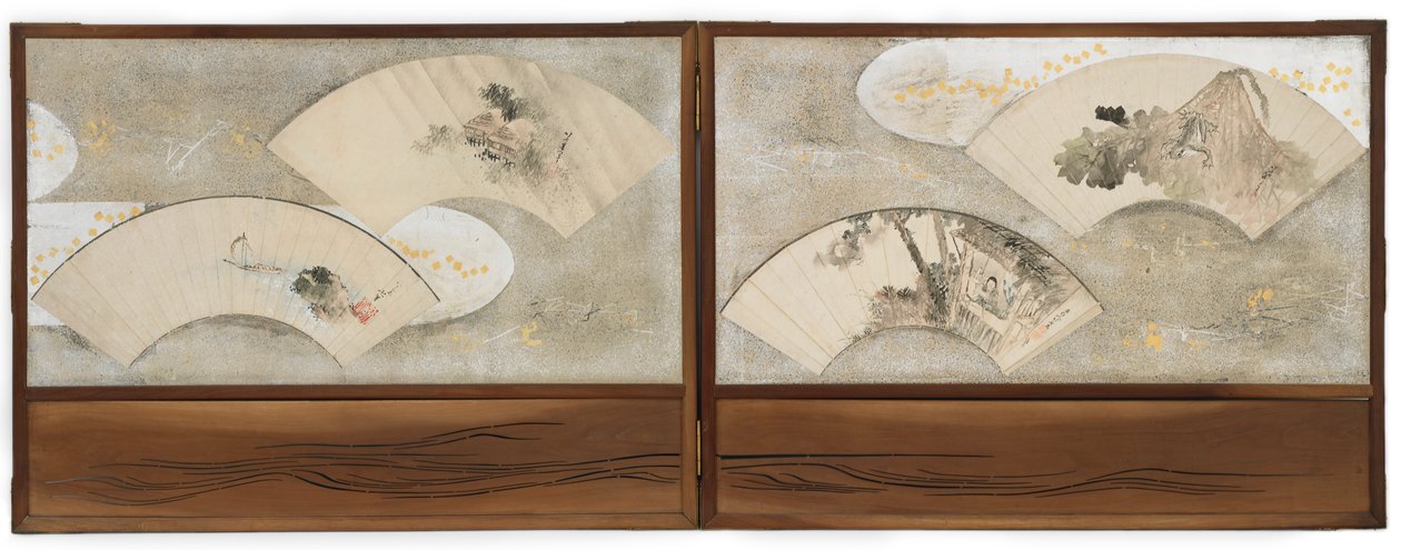 Vier waaierschilderijen gemonteerd op een scherm... door Katsushika Hokusai