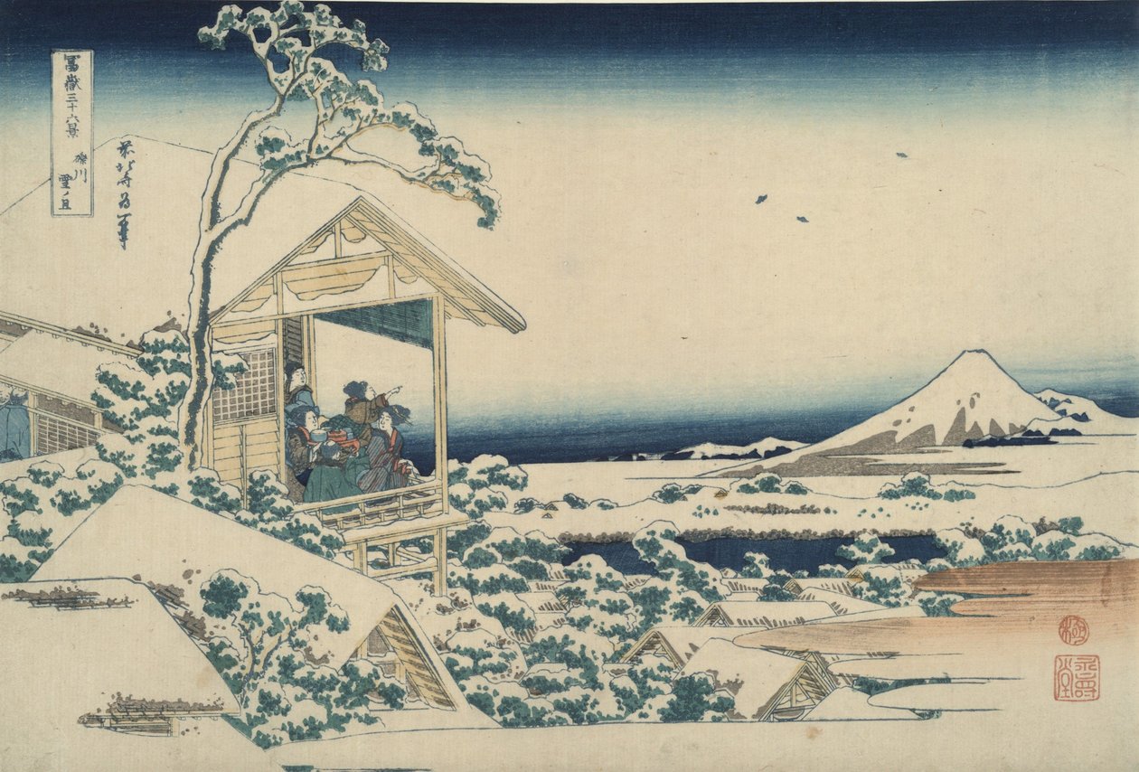 De Fuji vanuit Koishikawa op een besneeuwde ochtend, uit de serie „Zesendertig gezichten op de berg Fuji“ door Katsushika Hokusai