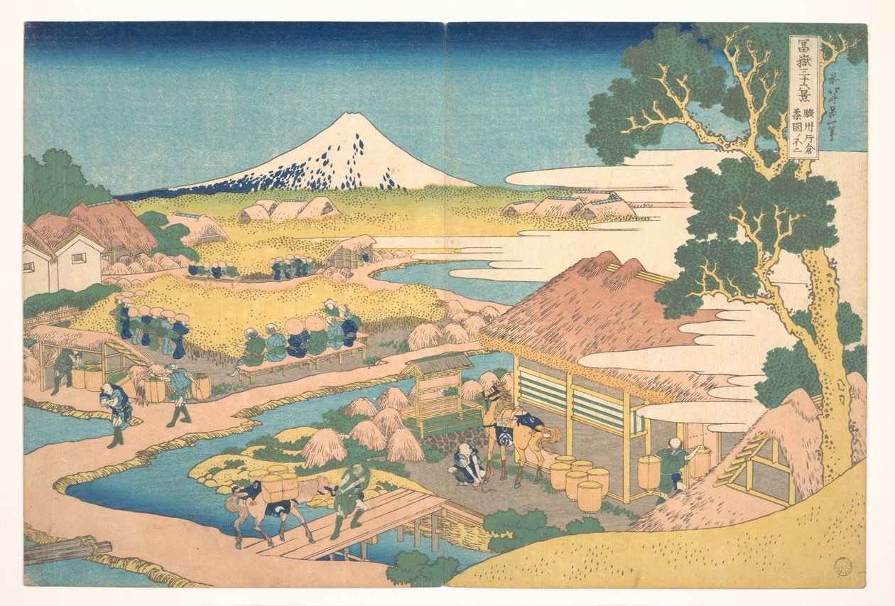 Fuji vanuit de Katakura-theevelden in Suruga (Sunshū Katakura chaen no Fuji), uit de serie Zesendertig gezichten op de berg Fuji (Fugaku sanjūrokkei) door Katsushika Hokusai