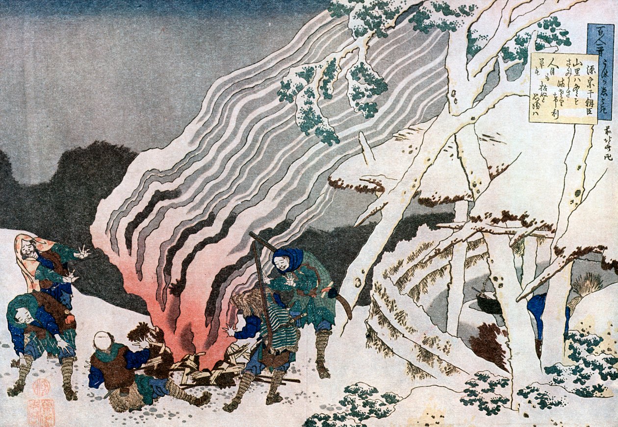 Jagers bij een vuur in de sneeuw, ca. 1835 door Katsushika Hokusai