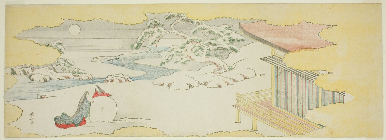 Illustratie van De blauwe klok (Asagao), hoofdstuk 20 van het verhaal van Genji (Genji monogatari) door Katsushika Hokusai