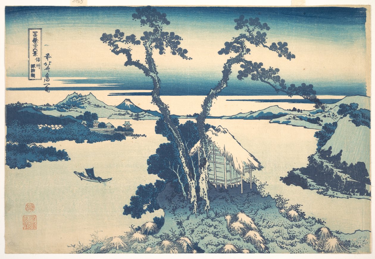 Het Suwa-meer in de provincie Shinano (Shinshū Suwako), uit de serie „Zesendertig gezichten op de berg Fuji“ (Fugaku sanjūrokkei) door Katsushika Hokusai