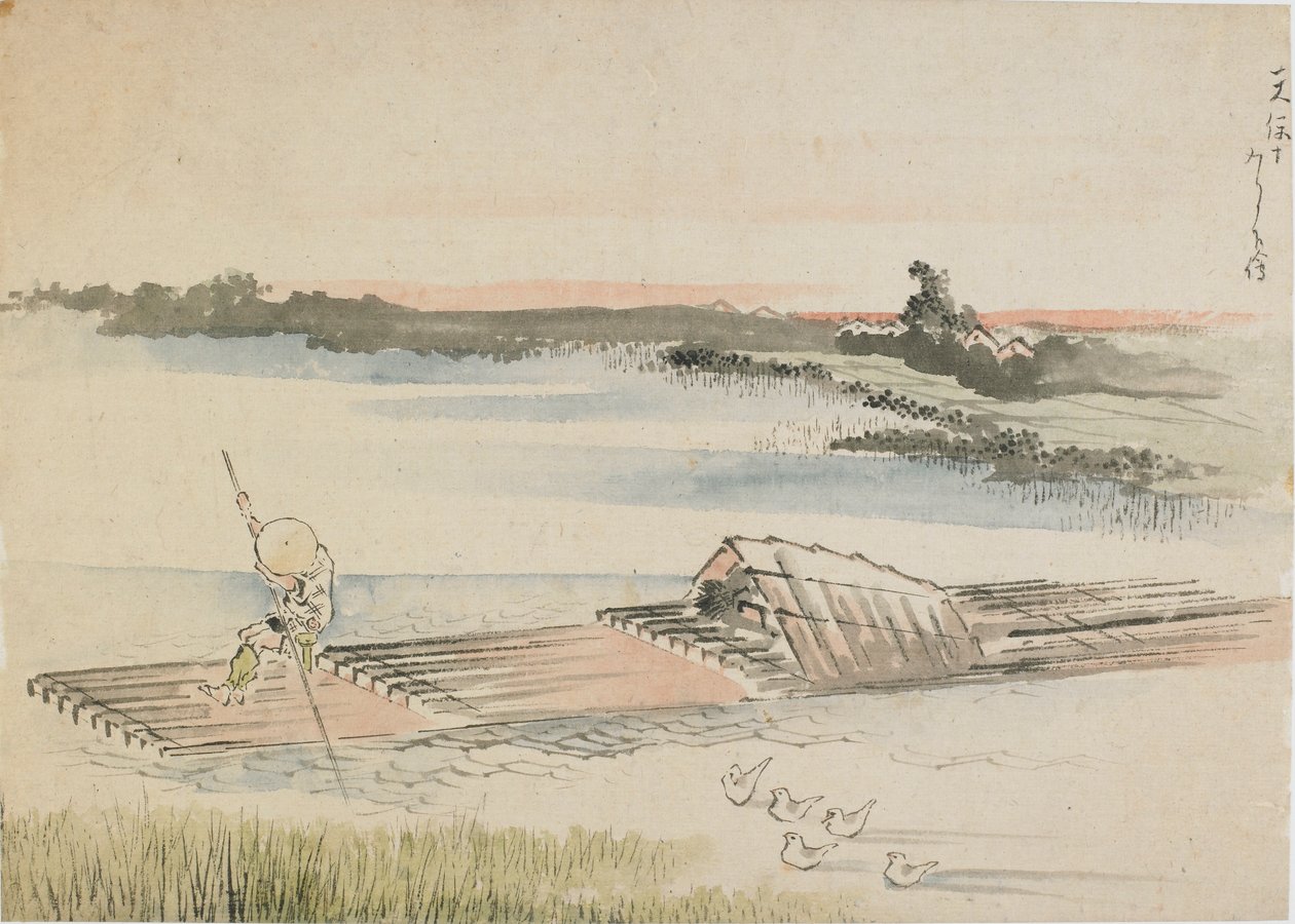 Landschap: schipper die zijn vlot voortduwt, laat 18e-begin 19e eeuw door Katsushika Hokusai