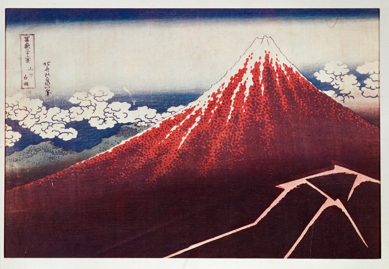 Bliksem op de berg Fujiyama ... (kleurenhoutsnede) door Katsushika Hokusai