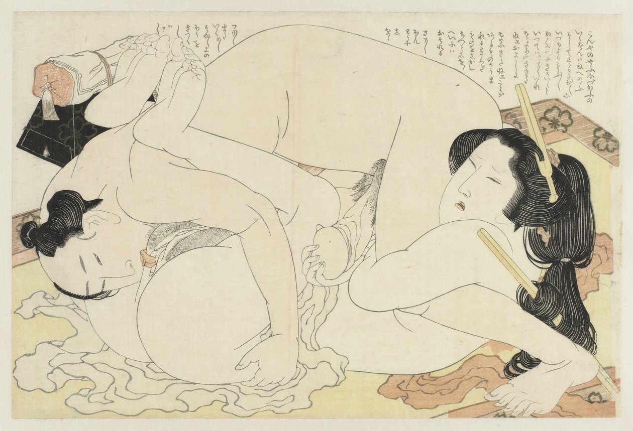 Man en vrouw de liefde bedrijvend op vloerkleed door Katsushika Hokusai