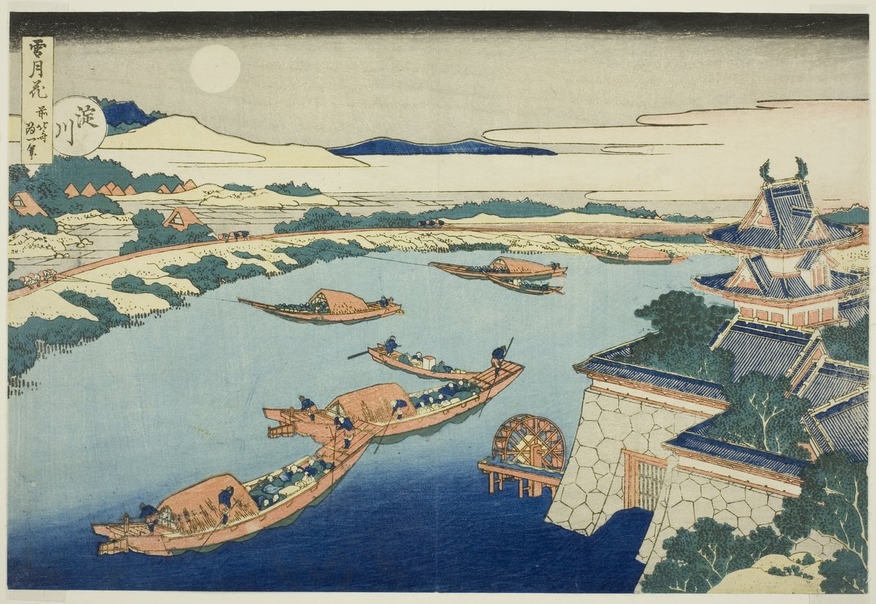 Maanlicht op de Yodo-rivier, uit de serie "Sneeuw, Maan en Bloemen" door Katsushika Hokusai