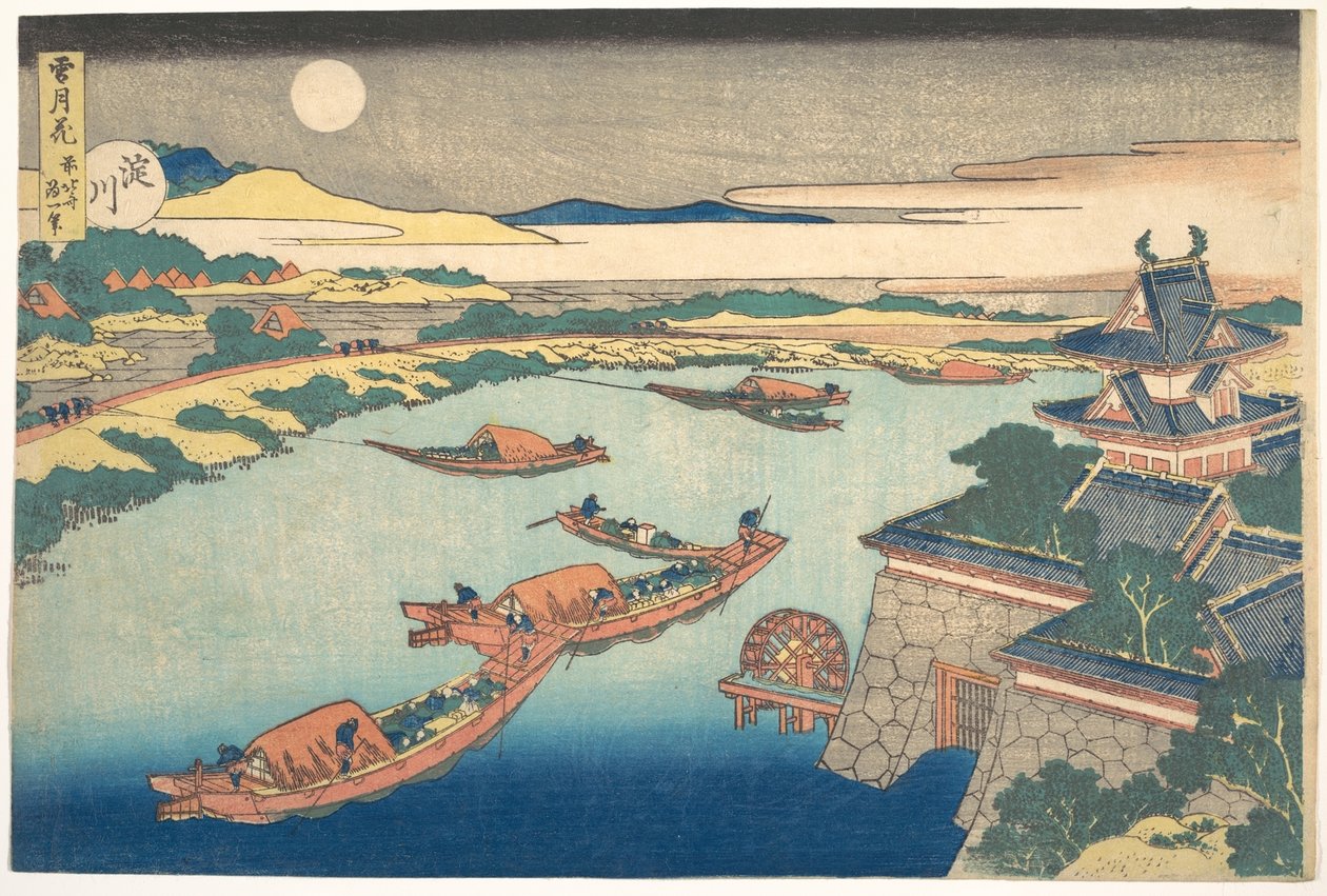 Maanlicht op de Yodo-rivier (Yodogawa), uit de serie Sneeuw, maan en bloemen (Setsugekka) door Katsushika Hokusai