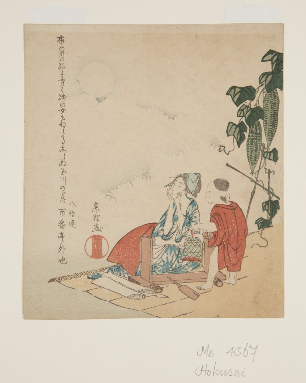 Moeder en kind bij kalebasprieel in maanlicht door Katsushika Hokusai