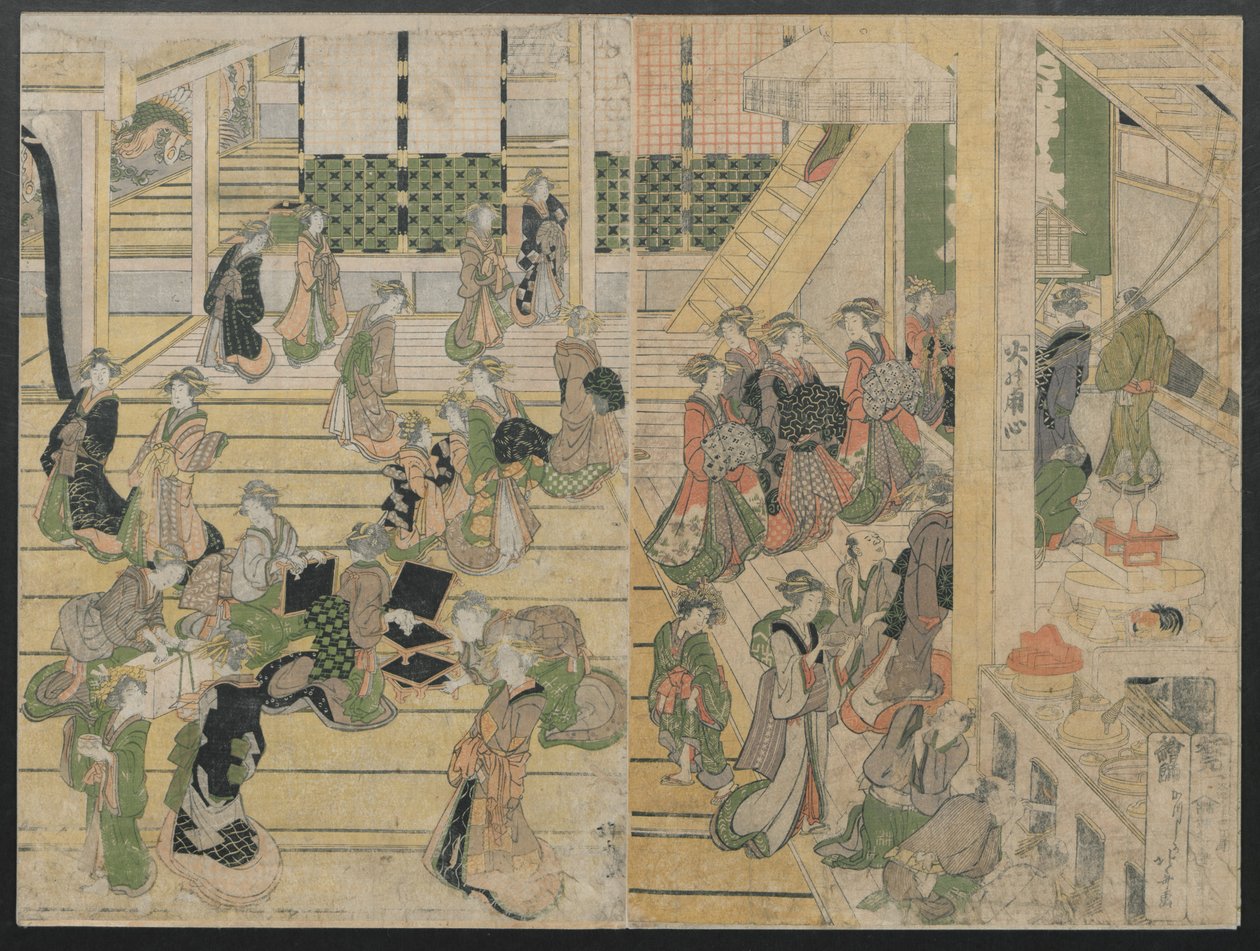 Nieuwjaarsdag bij de Ogiya Seiro, ca. 1804 door Katsushika Hokusai