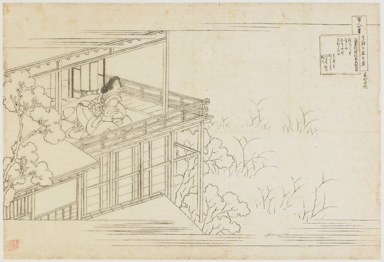Nr. 91 uit de serie Honderd Gedichten Verklaard door de Verpleegster, Edo-periode, ca. 1835-1836 door Katsushika Hokusai