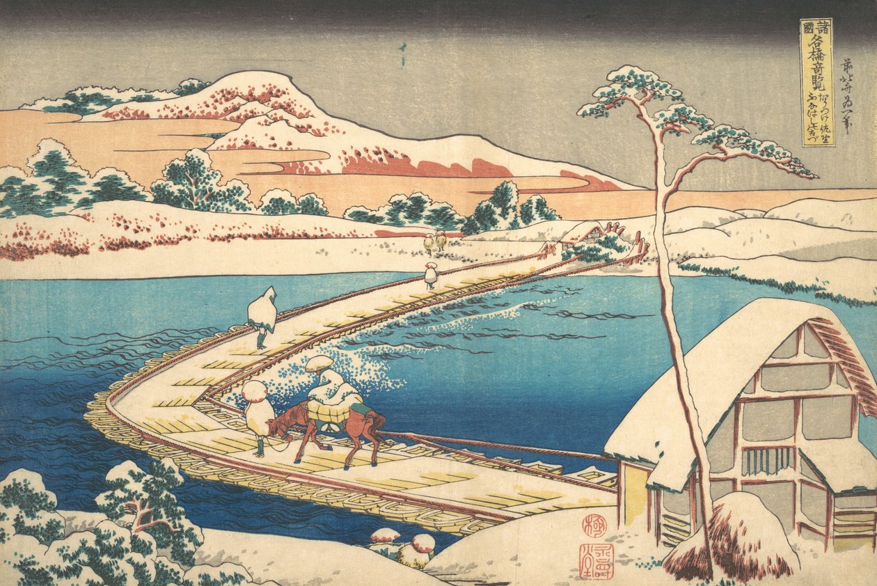 Oude Weergave van de Bootbrug bij Sano in de Provincie Kozuke, 1827-30 door Katsushika Hokusai