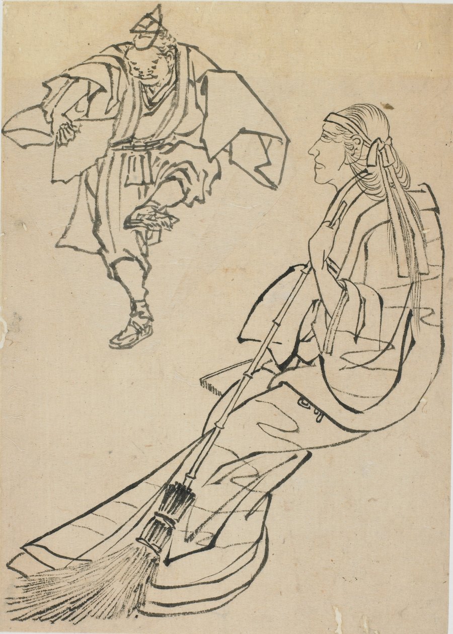 Oude vrouw zittend op een bank voor wie een man met een waaier danst, laat 18e-begin 19e eeuw door Katsushika Hokusai
