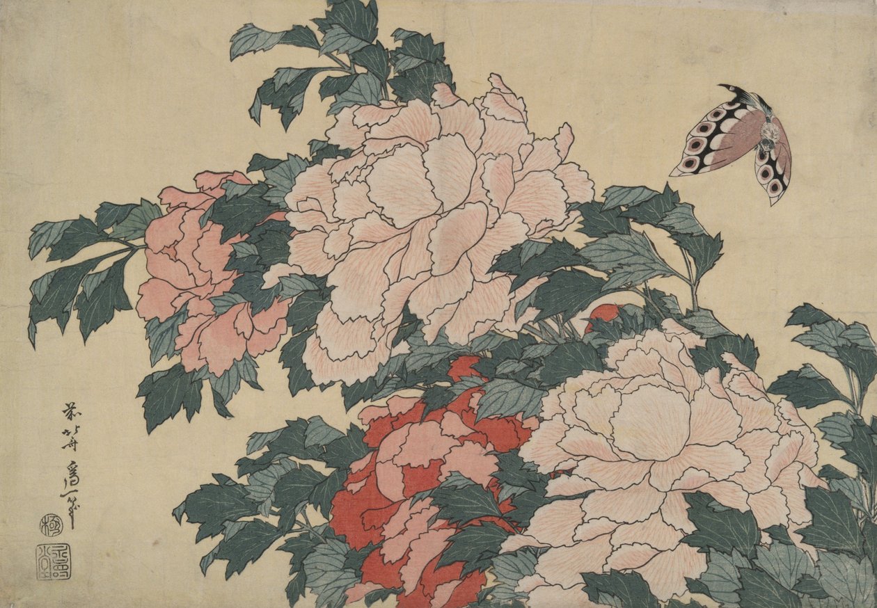 Pioenen en vlinder, uit een serie zonder titel genaamd ‘Grote bloemen’ door Katsushika Hokusai