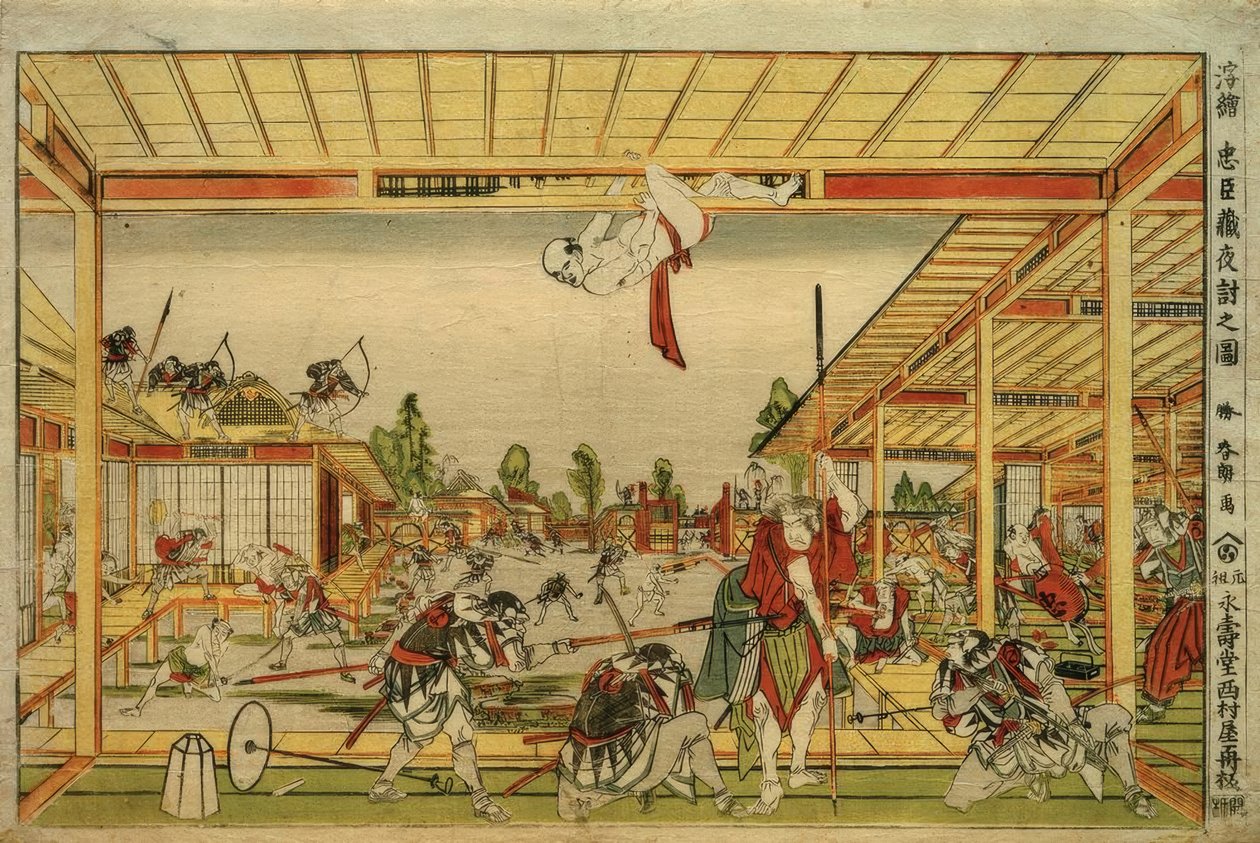 Perspectiefbeeld van de nachtelijke aanval van de 47 trouwe vazallen door Katsushika Hokusai