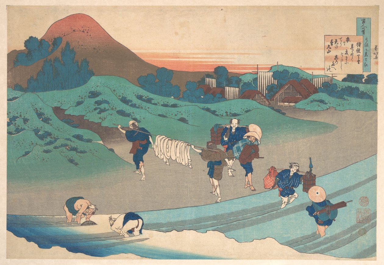 Gedicht van keizerin Jitō, uit de bundel „Honderd gedichten, uitgelegd door de kindermeid“ (Hyakunin isshu uba ga etoki) door Katsushika Hokusai