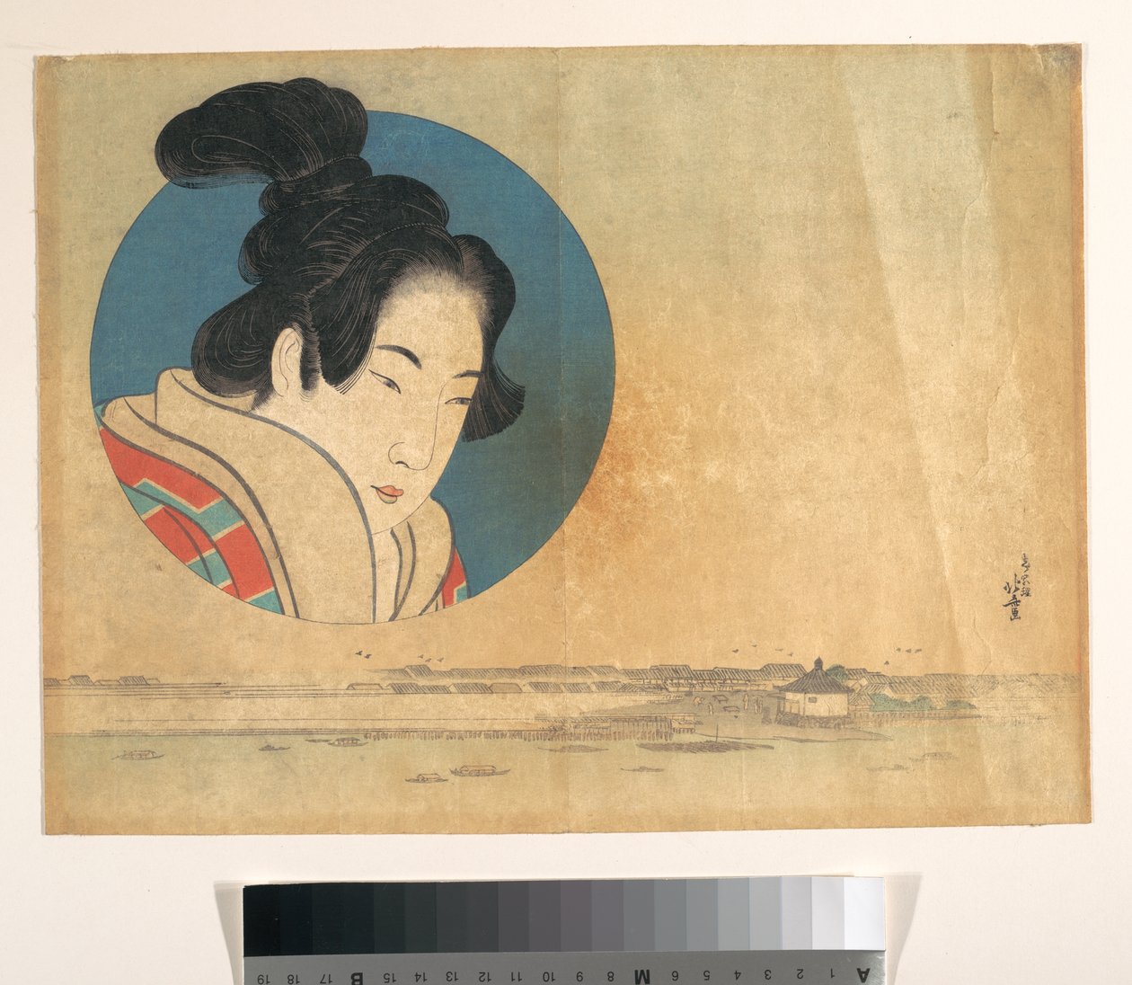 Portret van een vrouw in een grote cirkel met daaronder een landschap door Katsushika Hokusai