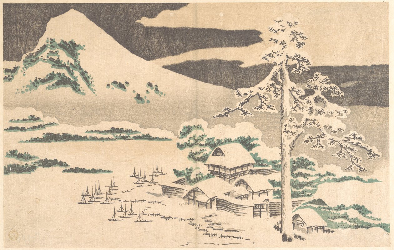 Een dorp aan zee in de winter, uit Hokusai’s Album met realistische afbeeldingen (Hokusai shashin gafu) door Katsushika Hokusai