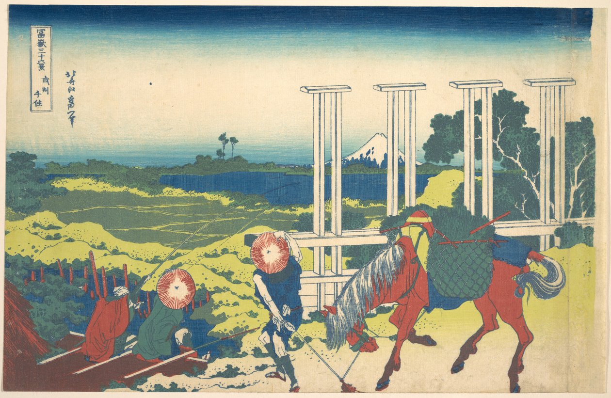 Senju in de provincie Musashi (Bushū Senju), uit de serie „Zesendertig gezichten op de berg Fuji“ (Fugaku sanjūrokkei) door Katsushika Hokusai