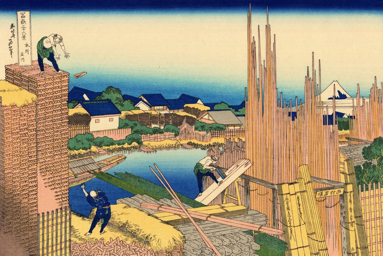 Serie van 36 uitzichten op de berg Fuji: de zagerij in Honjo, Japan door Katsushika Hokusai