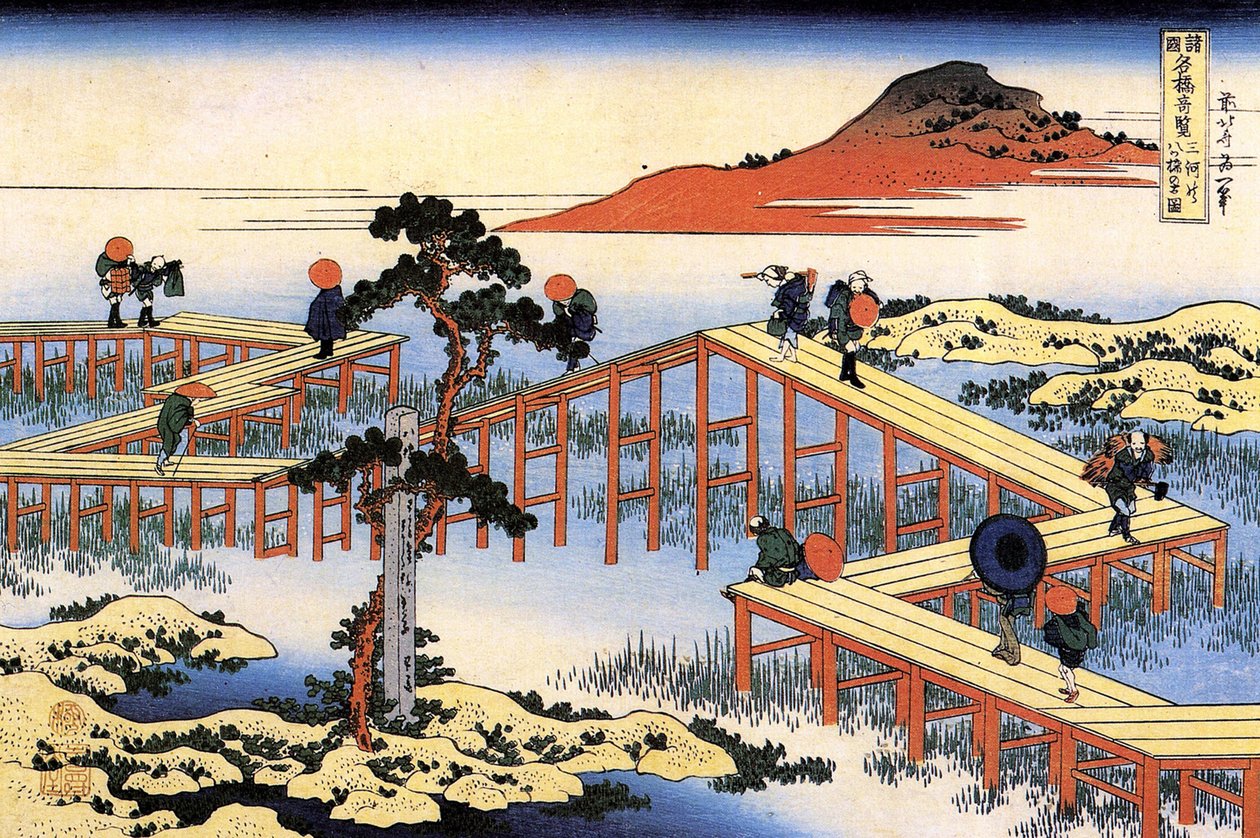 Serie van opmerkelijke bruggezichten: de Yatsuhashi-brug in de provincie Mikawa, Japan door Katsushika Hokusai