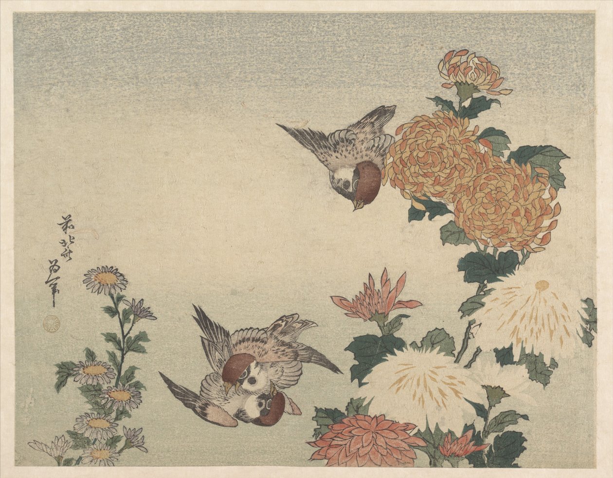 Mussen en chrysanten door Katsushika Hokusai