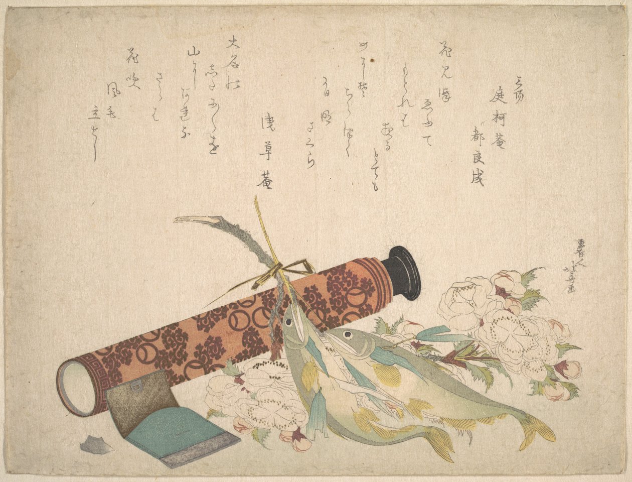 Stilleven: dubbele kersenbloesemtak, telescoop, zoete vis en tissuehouder door Katsushika Hokusai