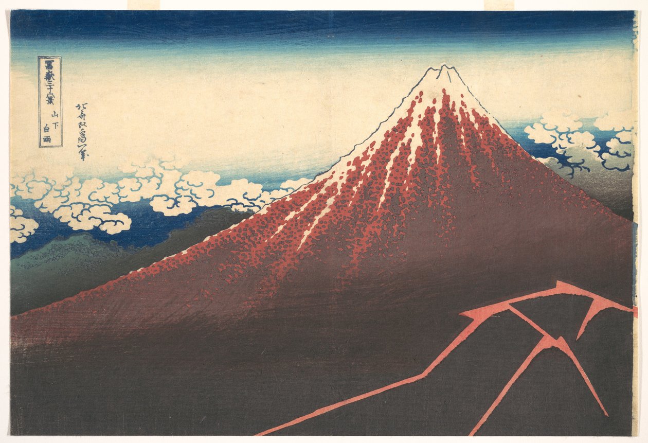 Storm onder de berg Fuji (Sanka no haku u), uit de serie Zesendertig gezichten op de berg Fuji (Fugaku sanjūrokkei) door Katsushika Hokusai