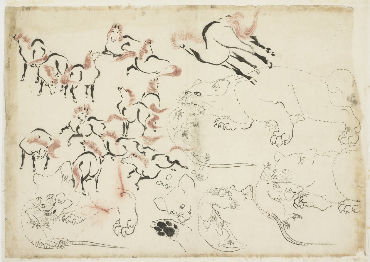Studies van Paarden, Katten en Ratten (uit "Hokusai Manga") door Katsushika Hokusai