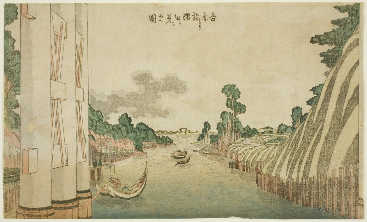 Sumida-rivier gezien vanaf Azuma-brug (Azumabashi yori Sumida wo miru no zu), uit een groep westerse landschappen door Katsushika Hokusai
