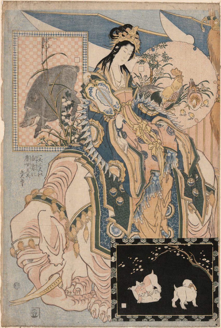 Tang Dame op een Witte Olifant, uit een set Advertenties voor Giant Straw Works in een Kermisattractie door Katsushika Hokusai