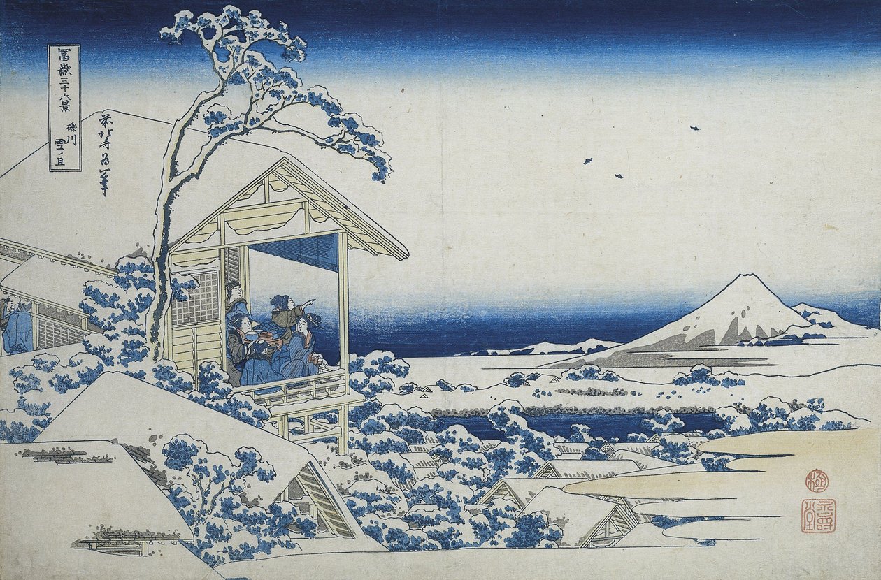 Theehuis in Koishikawa, de ochtend na een sneeuwval door Katsushika Hokusai