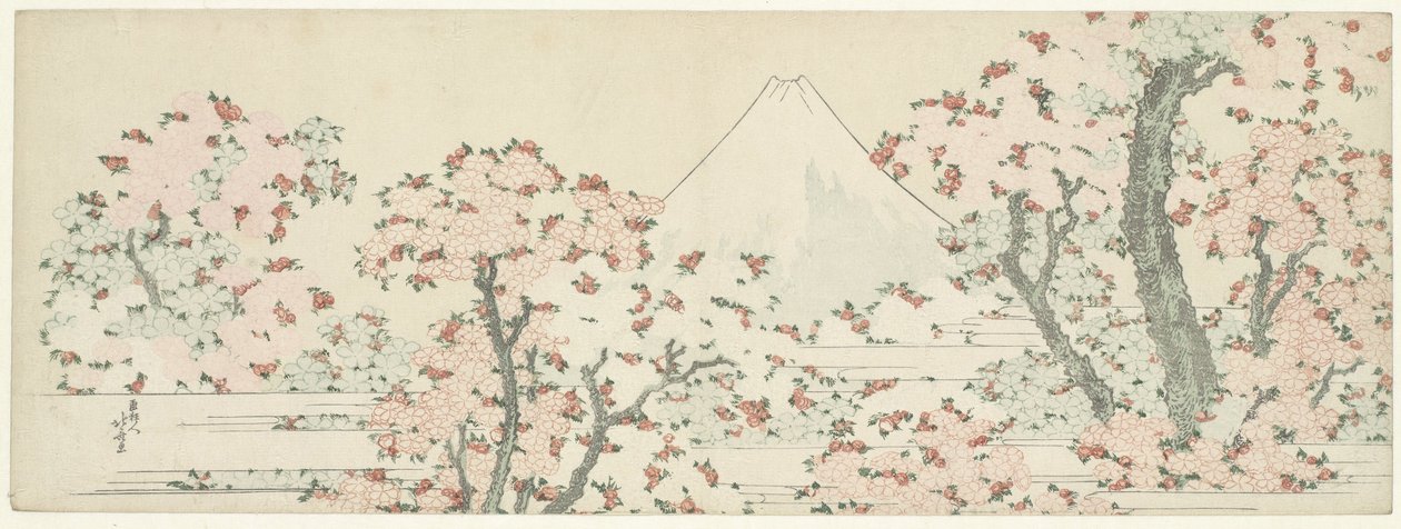 De berg Fuji met bloeiende kersenbomen door Katsushika Hokusai