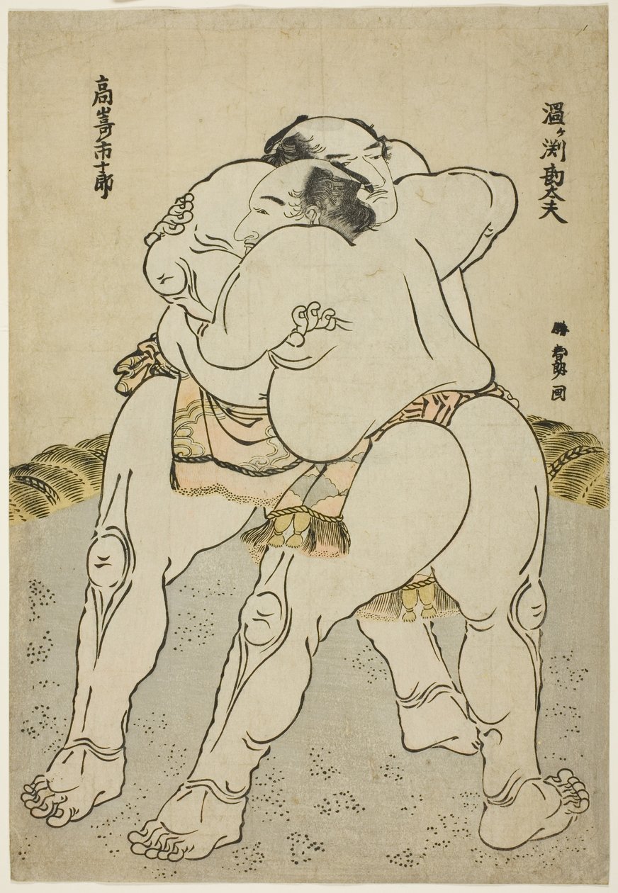De sumoworstelaars Uzugafuchi Kandayu en Takasaki Ichijuro door Katsushika Hokusai