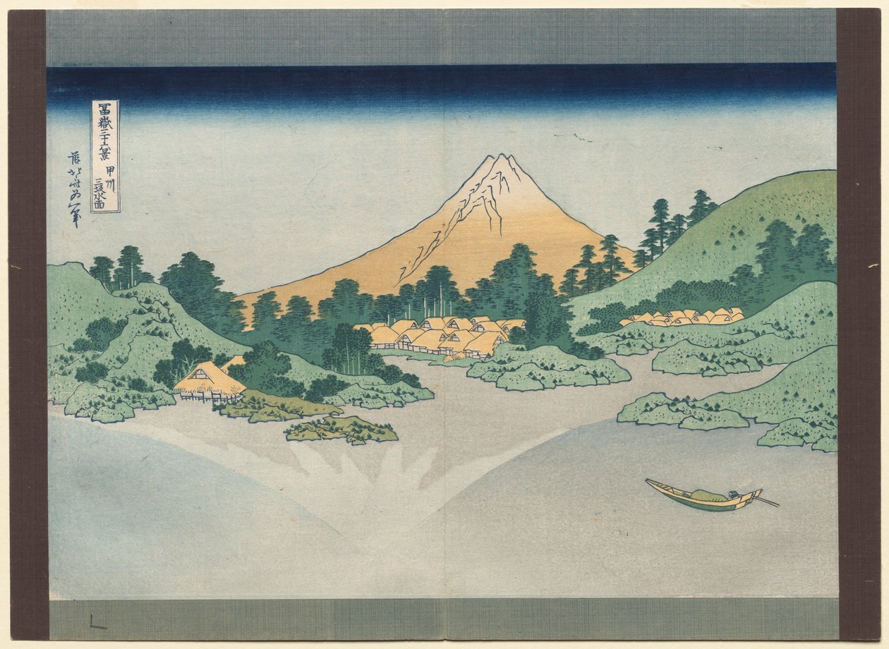 Zesendertig uitzichten van de berg Fuji: Het oppervlak van het meer Misaka in de provincie Kai door Katsushika Hokusai