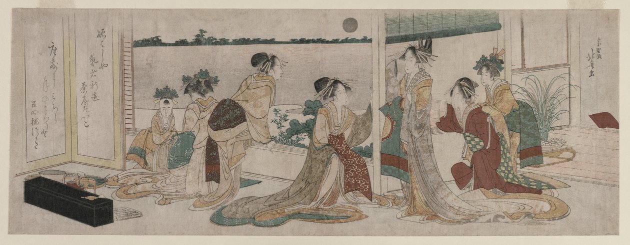 Tsukasa en Andere Courtisanes van de Ogiya die de Herfstmaan Bekijken boven Rijstvelden vanaf een Balkon in de Yoshiwara door Katsushika Hokusai