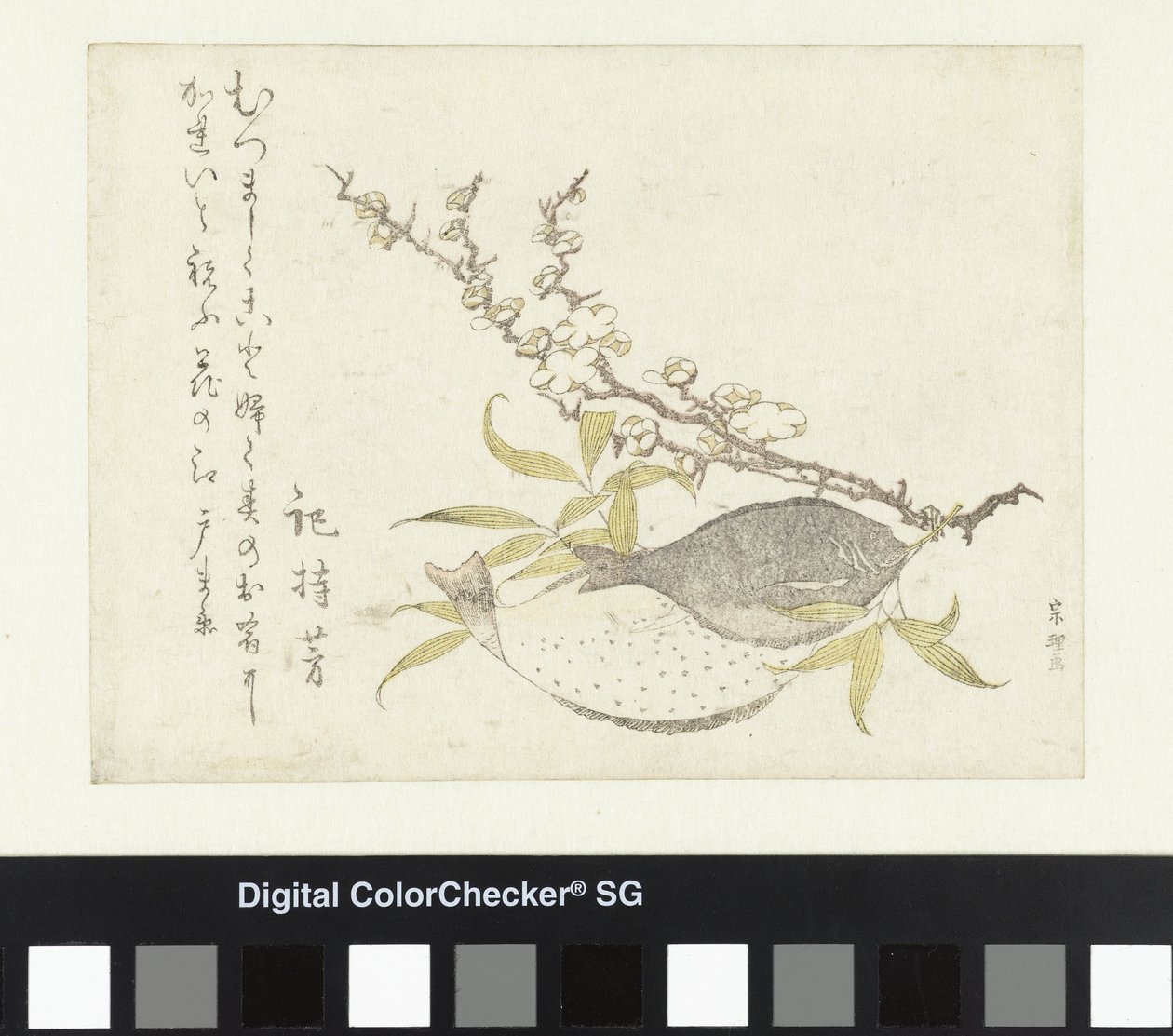 Twee platvissen en pruim door Katsushika Hokusai