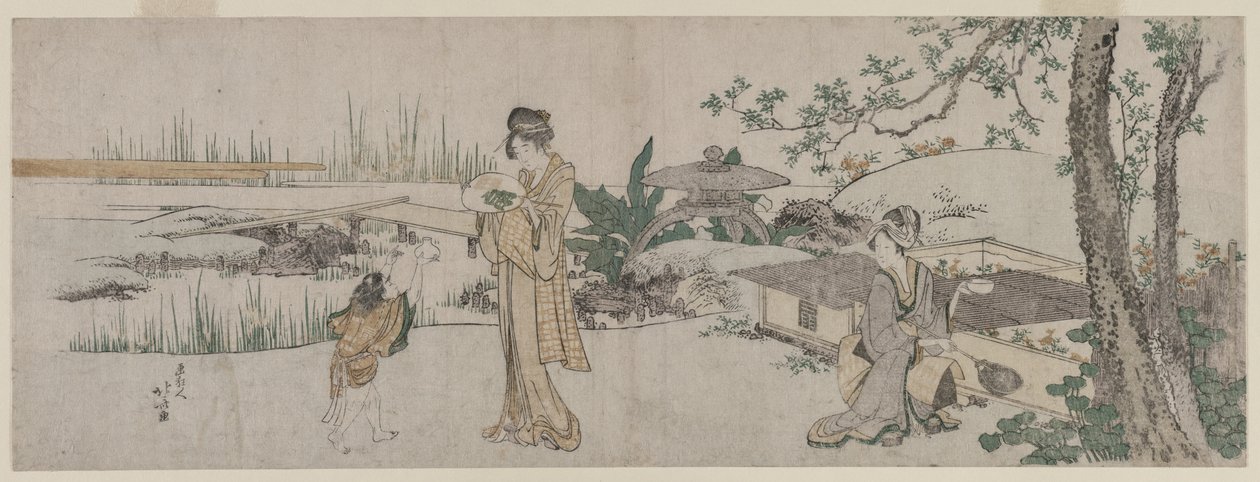 Twee vrouwen en een kind naast een goudvissenkom door Katsushika Hokusai