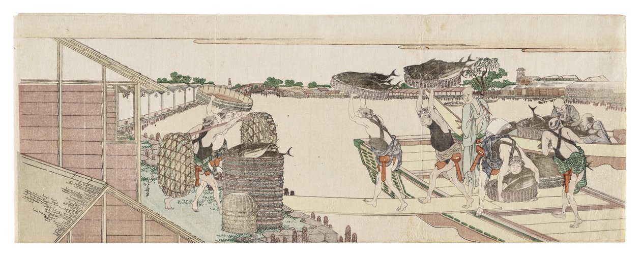Bonito uitladen voor de markt door Katsushika Hokusai