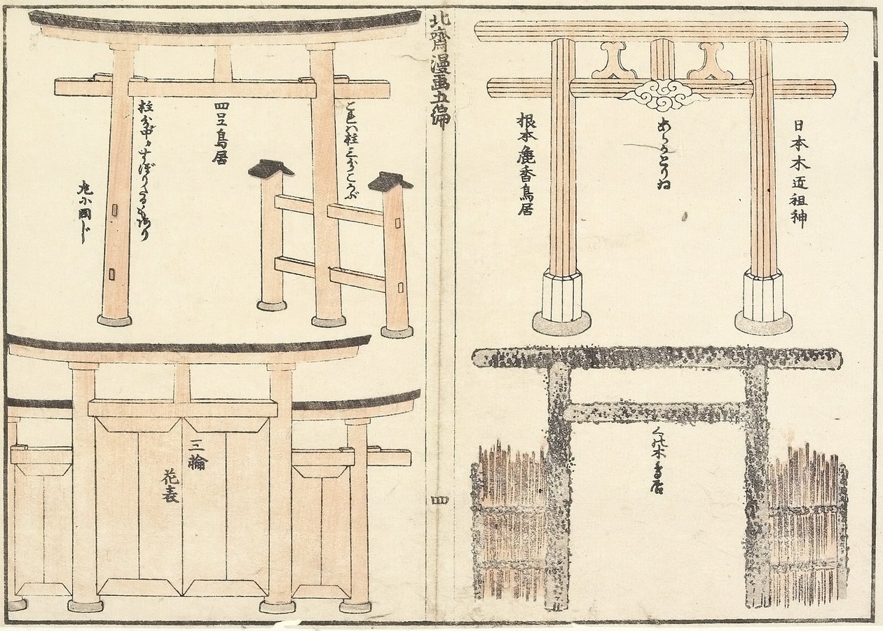 Verschillende soorten Torii-boog, 1816 door Katsushika Hokusai