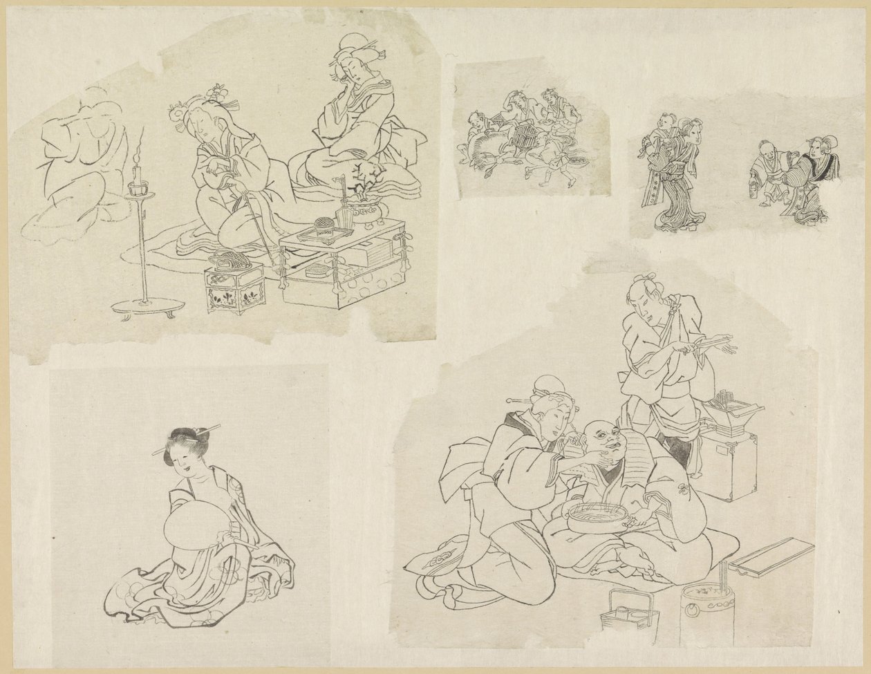 Vijf voorstellingen van mensen in verschillende situaties door Katsushika Hokusai