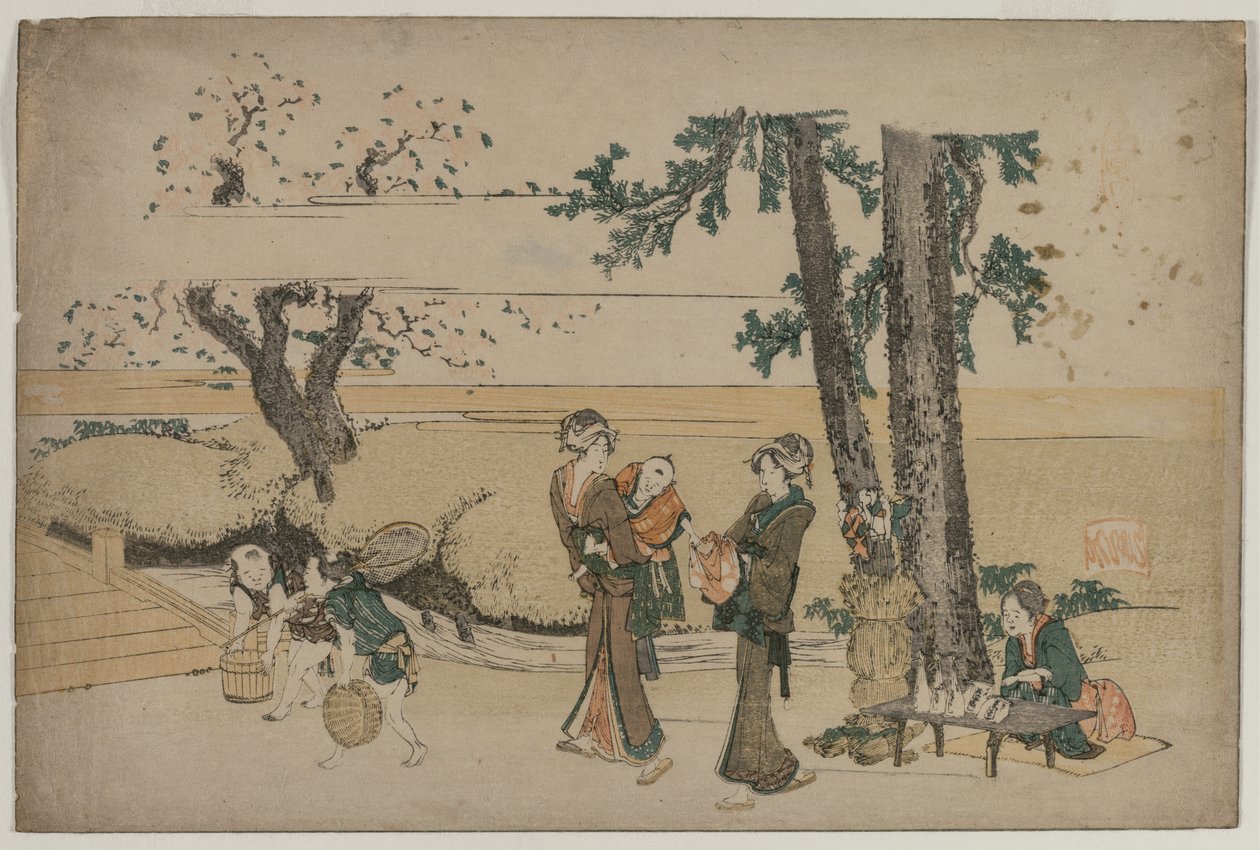 Vrouw passeert een winkel langs de weg bij Oji, begin 1800s door Katsushika Hokusai