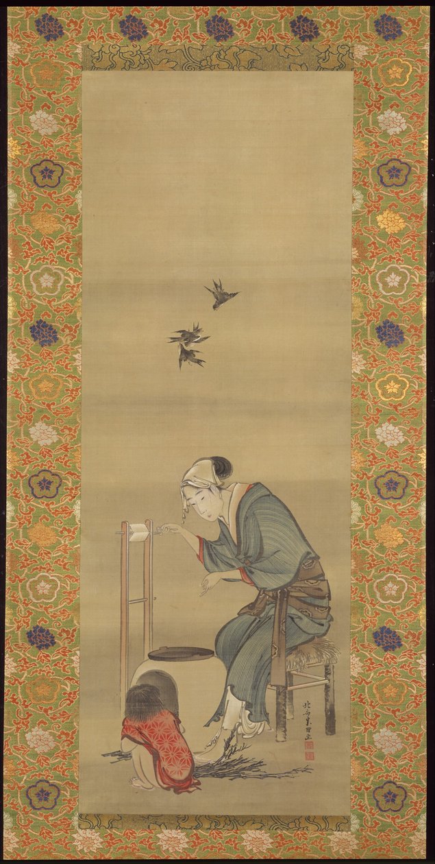 Vrouw die zijde spint door Katsushika Hokusai
